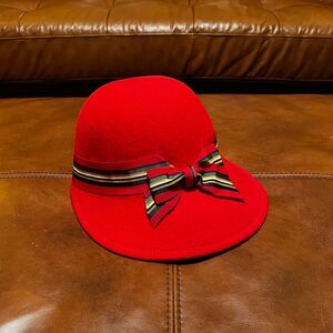 Vintage Betmar New York Red Wool Cloche Hat w/ Ribbon Bow